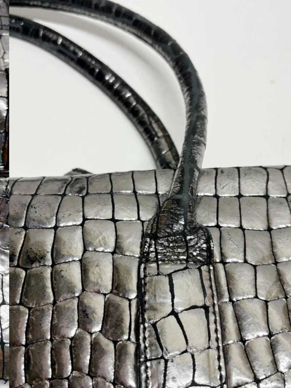 Mulberry Metallic Croc-Embossed Satchel in Silver-Brown